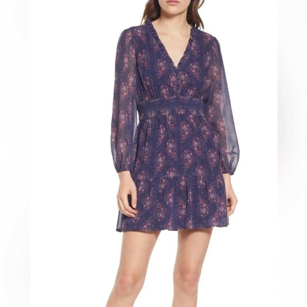 Paige Jeanne smocked long sleeve dress Womens Large Navy Multi Ruffle V-Neck
